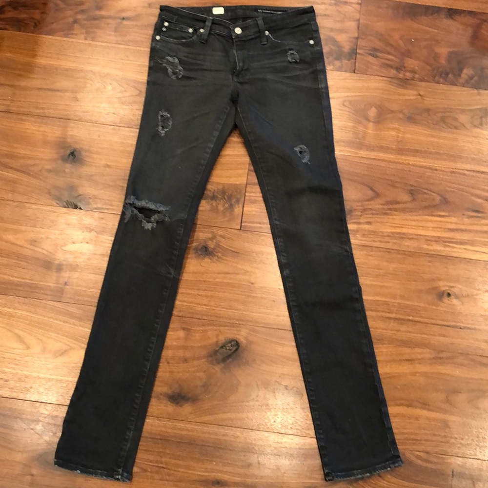 AG premier straight skinny jean black distress. 26